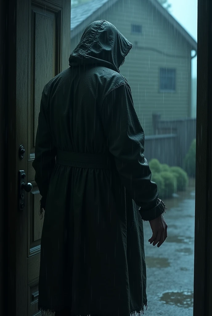 mysterious wearing a raincoat, drenched from rain, standing in front of the house door Begging for help