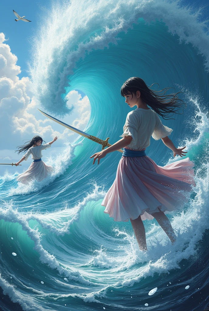 A girl controls the sea god and fights with another swordsman girl on the sea，I need exaggerated perspective