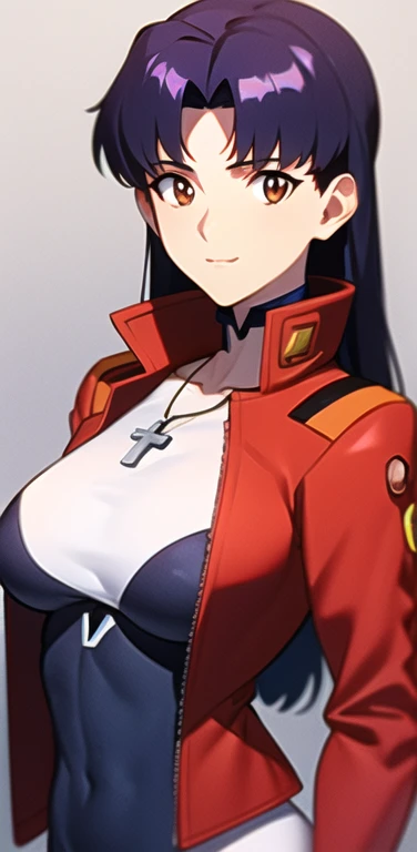 masterpiece, best quality,extremely_detailed_CG_unity_8k_wallpaper,extremely detailed_eyes,,evangelion: 3.0 you can \(not\) redo,1girl, solo, Katsuragi_Misato, brown eyes,indigo hair,big_breasts, cross_necklace ,red jacket, mature female,aged up,upper body,