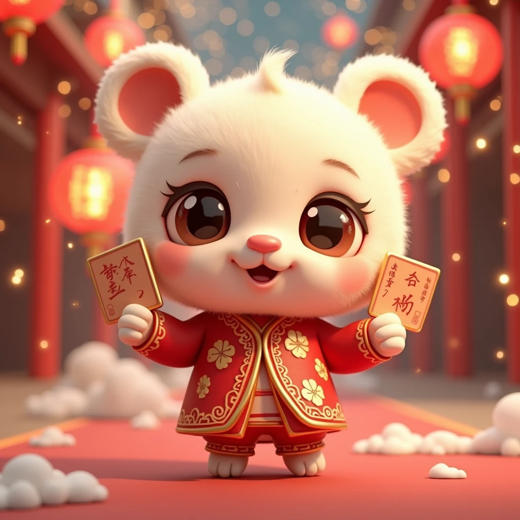 Q version of the super cute Spring Festival Fuwa，pop bazaar, Smart eyes,Carry Chinese blessing calligraphy and paintings with you， Fireworks bloom in the sky， Glossy and delicate,Clean background, 3D rendering of,adolable