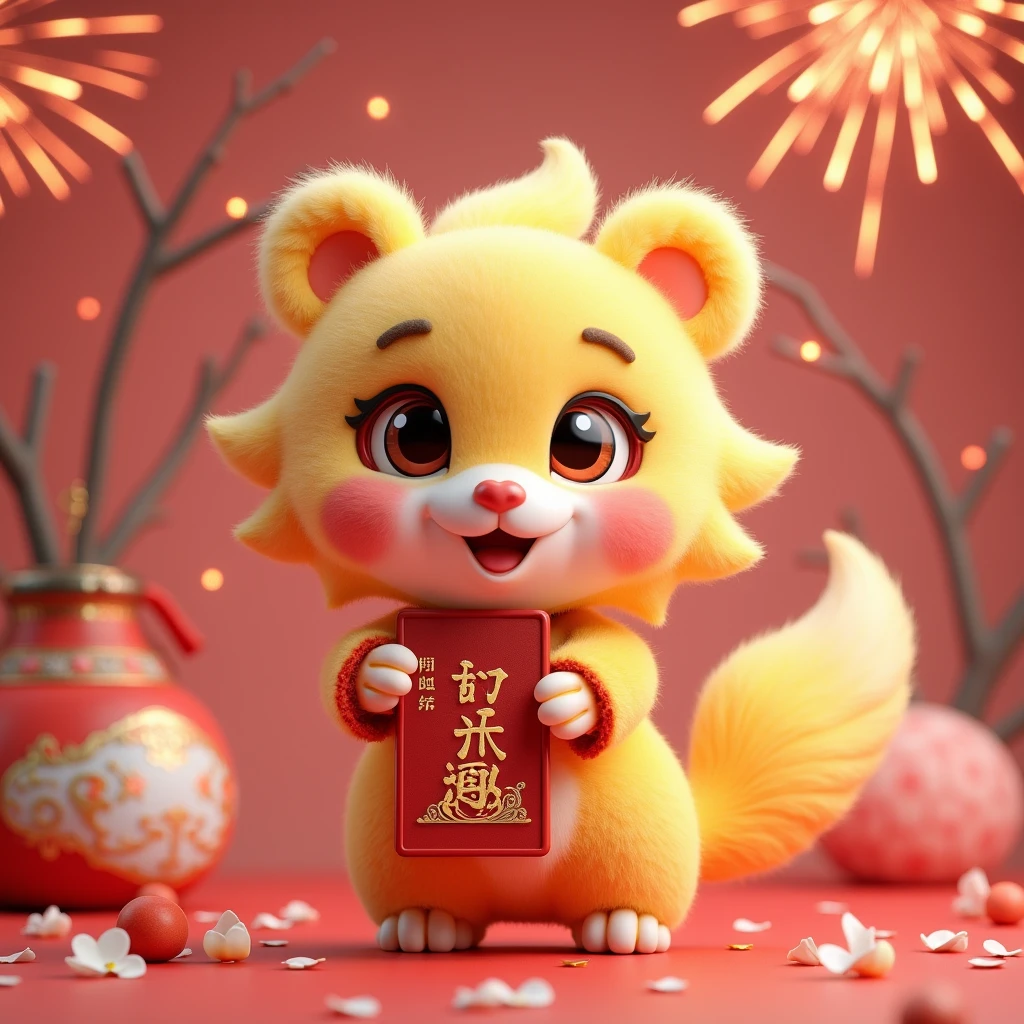 Q version of the super cute Spring Festival Fuwa,pop bazaar, Smart eyes,Carry Chinese blessing calligraphy and paintings with you, Fireworks bloom in the sky, Glossy and delicate,Clean background, 3D rendering of,adolable