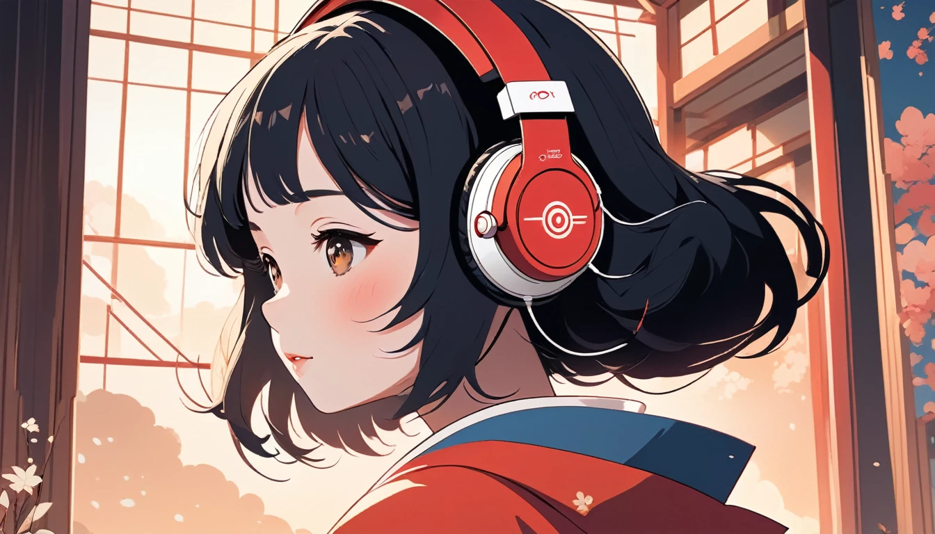 Maiko wearing Japanese style headphones、fan、Wide-angle lens, Lofi Anime, Lofi illustration, Aesthetic atmosphere, Lo-Fi Style, Vector art, Flat Design, Simple shape, Warm tones, Pleasant atmosphere, Chill, In anime style, Digital drawing, Vector art, Vector logo for t-shirt printing, (Adorable:1.5), (small:1.4), (Playful:1.2), (soft:1.3), (Whimsical:1.1), masterpiece, Highest quality, 8k, Intricate details, grow, Celestial, Mysterious, Picturesque, amazing, Majestic, Magic, Fantasy art, Cover art, dream-like
