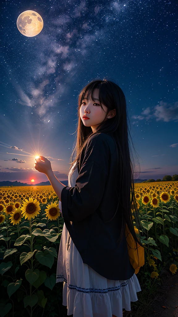 Sunflower field in the moonlight、Flowers swaying in the wind々are blooming towards the night sky。One girl, Long Hair, Black Hair, 