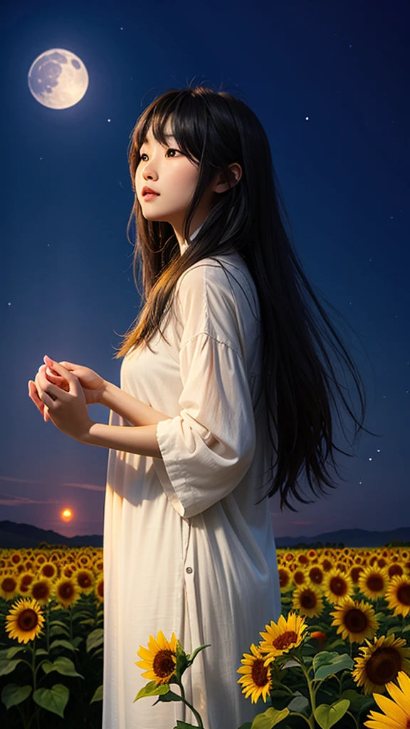 Sunflower field in the moonlight、Flowers swaying in the wind々are blooming towards the night sky。One girl, Long Hair, Black Hair, 