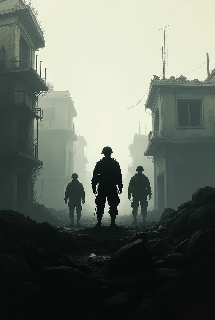 silhouette of soldiers that died because of war and beoken buildings in background 
