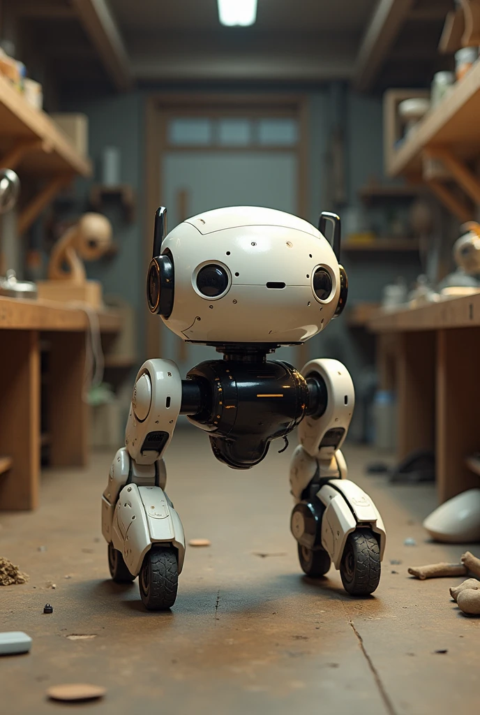 A quadruped robot made in a workshop.The legs are short.No face.Animal-like appearance.simple.Legs growing out of the body