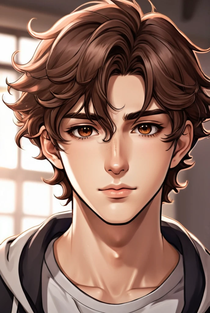 Handsome beautiful college boy with brown wavy hairs, tattoo on his neck and deep brown eyes in anime style image