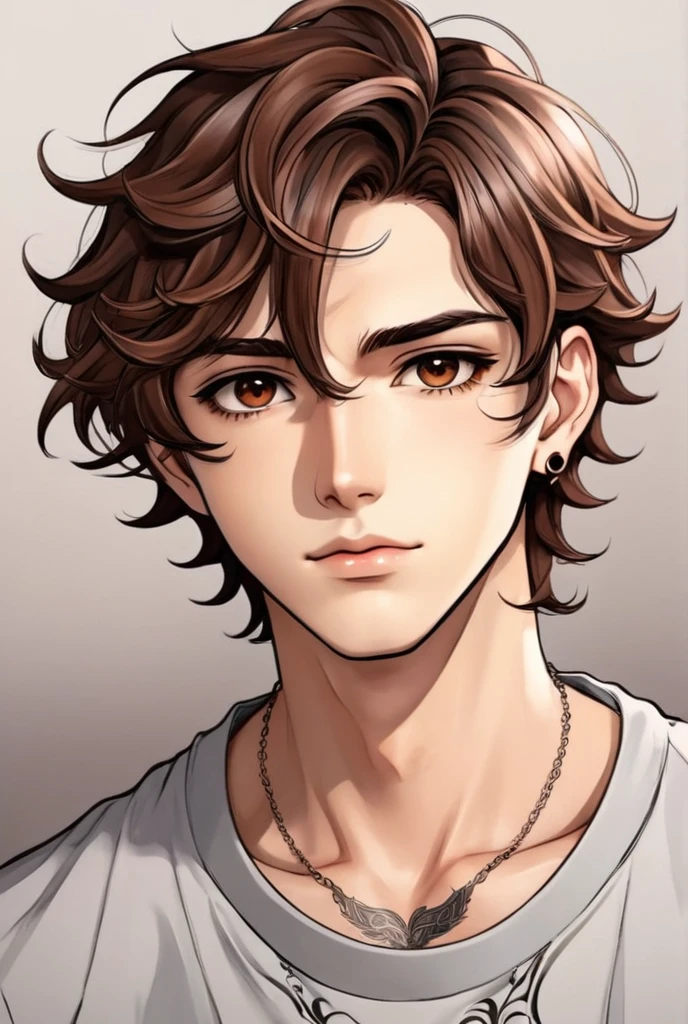 Handsome beautiful college boy with brown wavy hairs, tattoo on his neck and deep brown eyes in anime style image