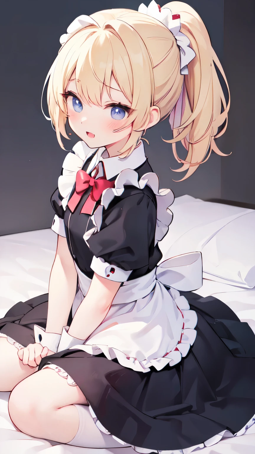 Best illustrations、Cute Maid Girl、ONE boy、Sleeping boy、straddle the boy、Blonde ponytail、Best Style、ahegao、Man&#39;s penis、pussy、Very large breasts、super big breast、blush、Embarrassing、love juice、pussy juice