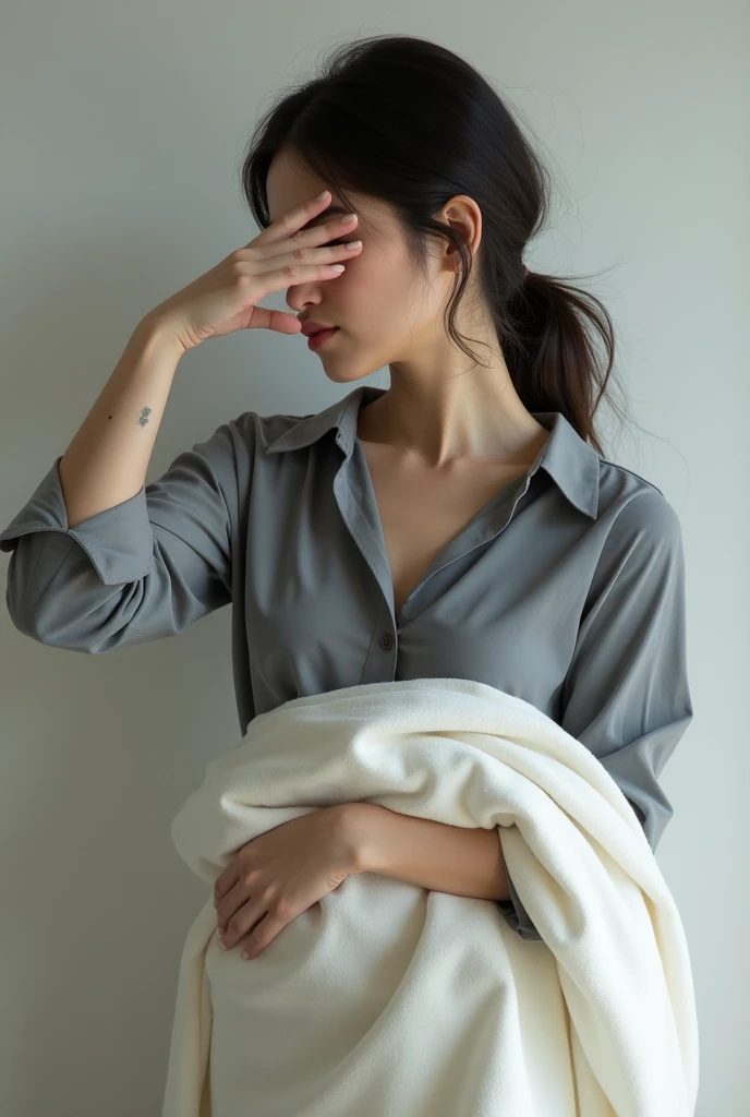 A Woman wearing a Grey Shirt Holding a White quilt away from her Body with one Hand and covering her eYes with the other Hand gracefully