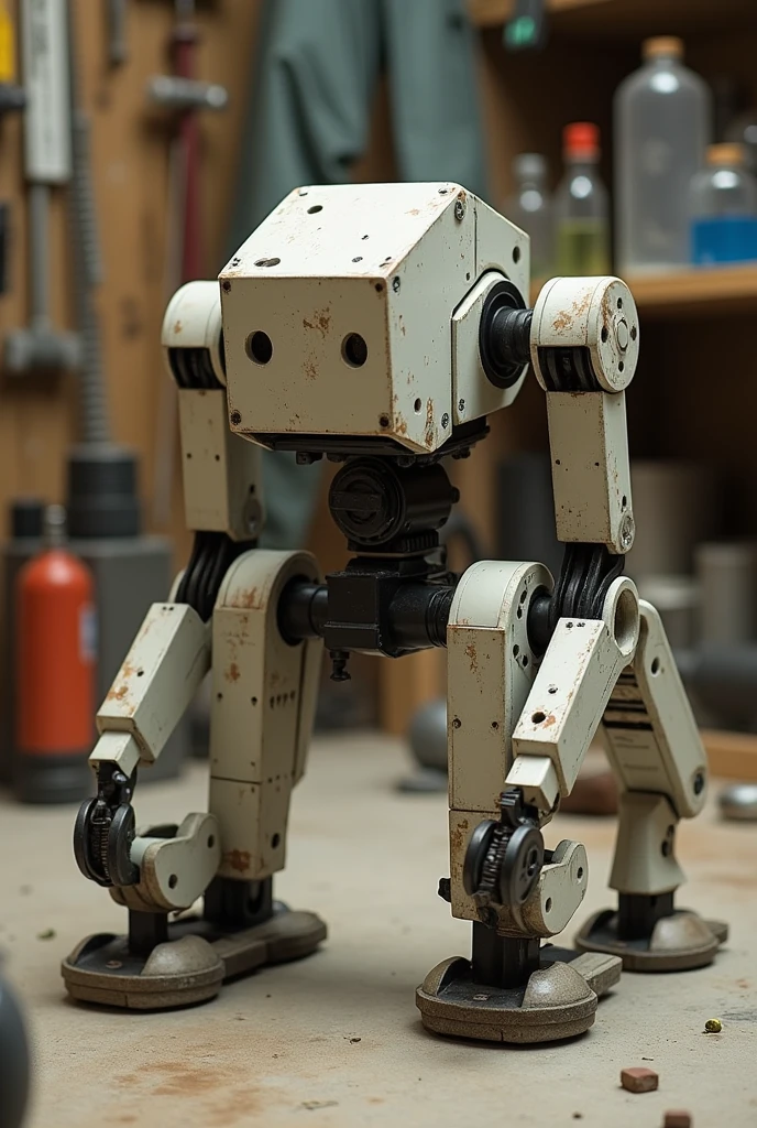 A quadruped robot made in a workshop.The legs are short.No face.simple.Legs growing out of the body