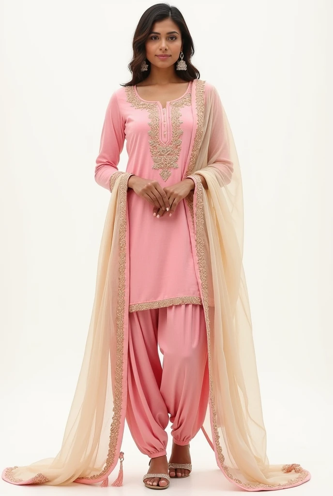 "A beautiful pink Punjabi-style dress with intricate and elegant embroidery. The dupatta is in a light cream color, with the embroidery also in cream. The overall look of the dress is very decent and gorgeous."fashion designing sketch like Patiala salwar suit shirt