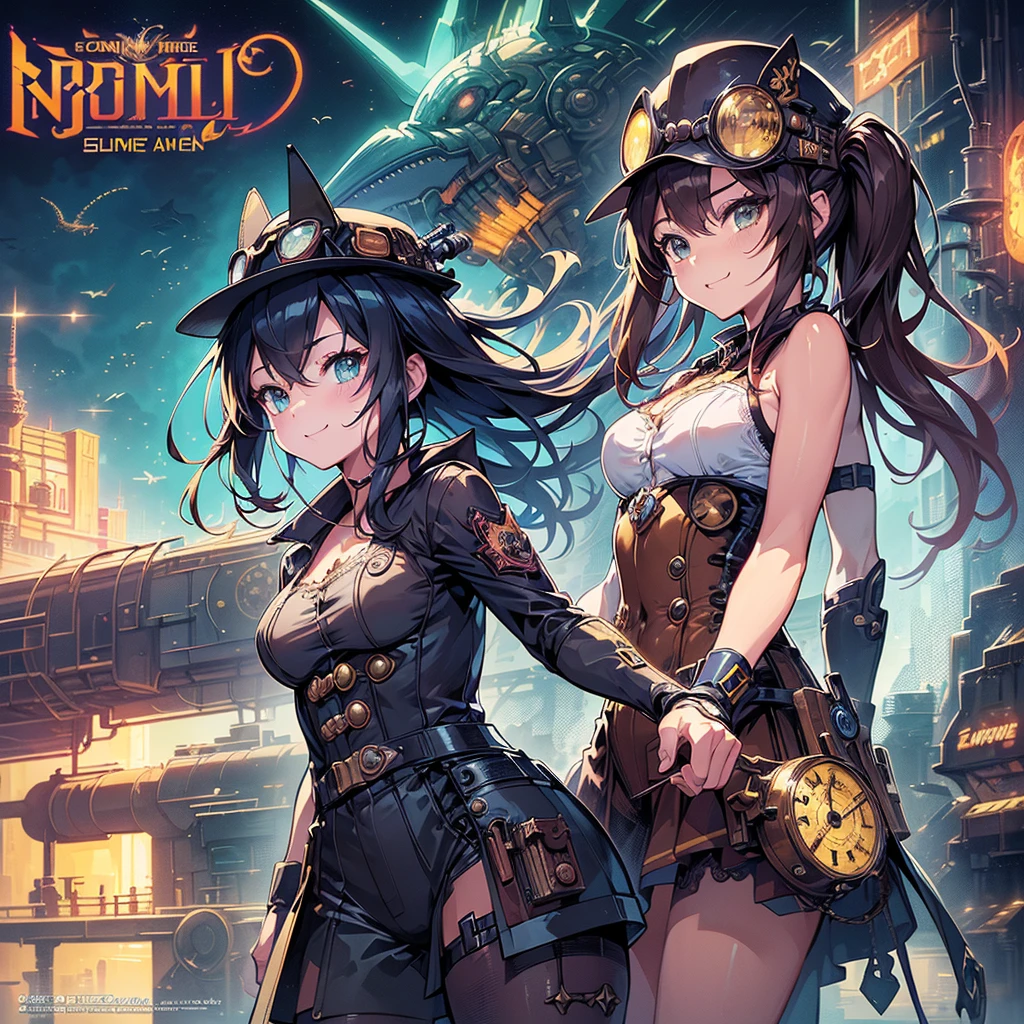 (Comic book style),(Line art_anime),(Cowboy Shot, Highest quality, ),(Photo by Laura Budd:1.2),(Laura Add details:1.0),8k, Flat Color:0.8,1 girl,smile、(Highly decorative and complex mechanical steampunk fashion, Lace flare dolphin hat、Goggles 1.5、machinery background、Gear background、Complex mechanized steampunk factory、1.5)