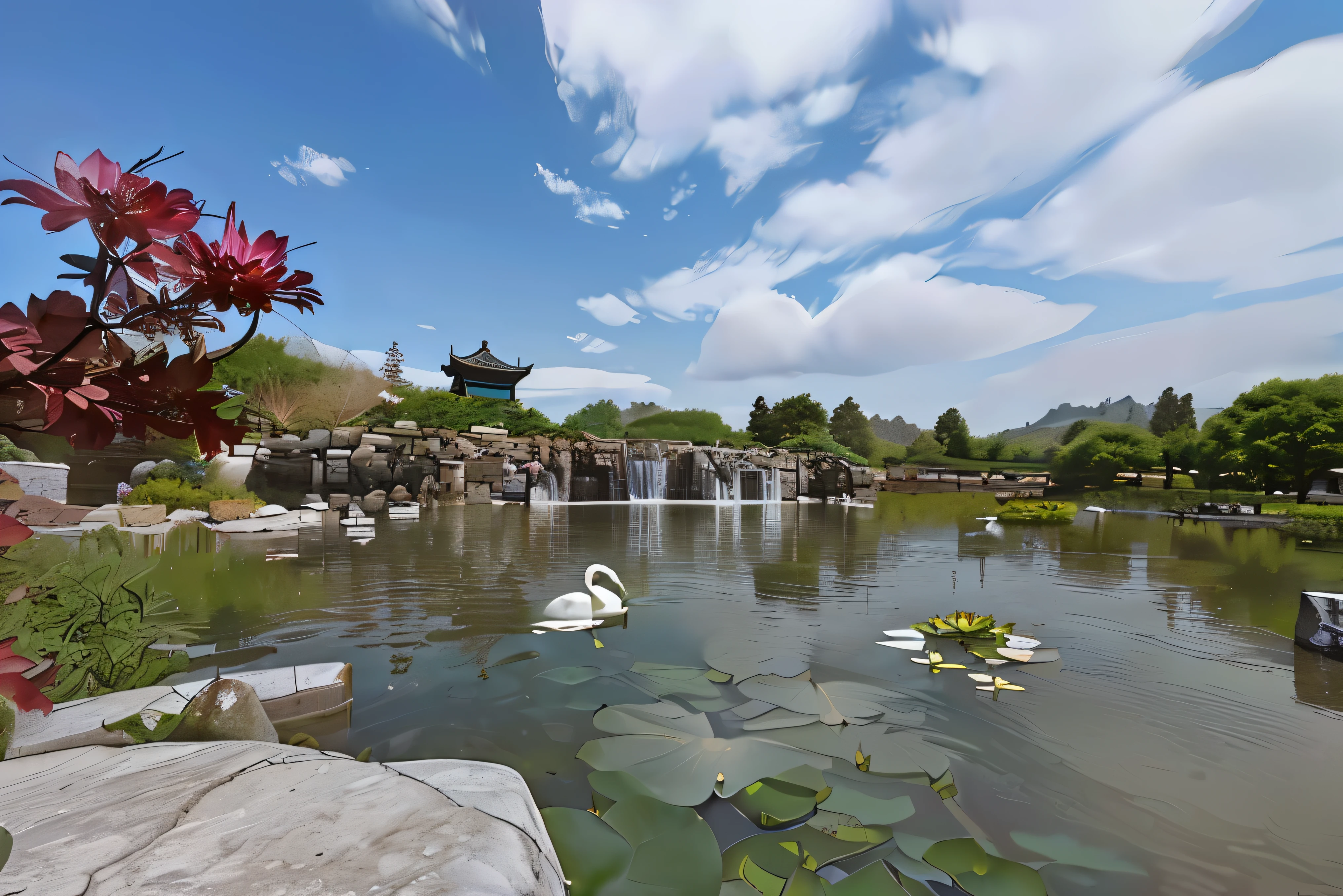 There is a pond,Full of lotus flowers,Beautiful and colorful。Pond with rocks and water, And the White Swan。Chinese scenery, Shot with Sony Alpha 9,Waterfall in the background,Slow door shooting,Silky water flow, Beautiful peaceful day, very Very beautiful scenery, jin shan, Very beautiful scenery, Full view, very very Very beautiful scenery, Stunning scenery,Lotus blooming in the pond,Snow-white swan swimming,Excellent results,Blue sky and white clouds