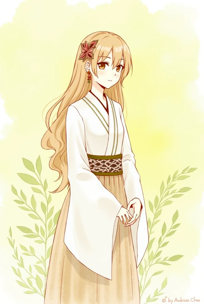 2D, Pastel colors, watercolor, Low color saturation,
Line Art, ((Inspired by Andreas Rocha)),
1 Girl, Solitary, Long hair, Hair accessories, Long sleeve, skirt, Keep, Brown eyes, Jewelry, Shut up, Upper Body, Weaving, earrings, Artist Name, Pattern, Wide sleeves, necklace, plant, yellow 花,