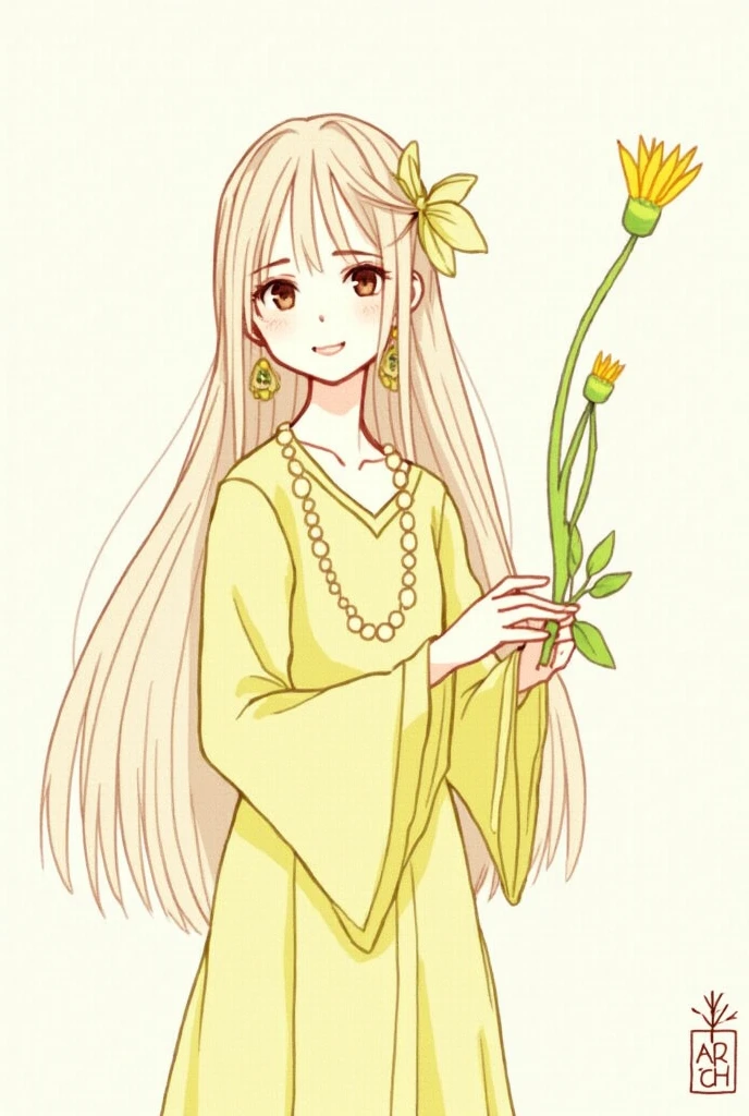 2D, Pastel colors, watercolor, Low color saturation,
Line Art, ((Inspired by Andreas Rocha)),
1 Girl, Solitary, Long hair, Hair accessories, Long sleeve, skirt, Keep, Brown eyes, Jewelry, Shut up, Upper Body, Weaving, earrings, Artist Name, Pattern, Wide sleeves, necklace, plant, yellow 花,