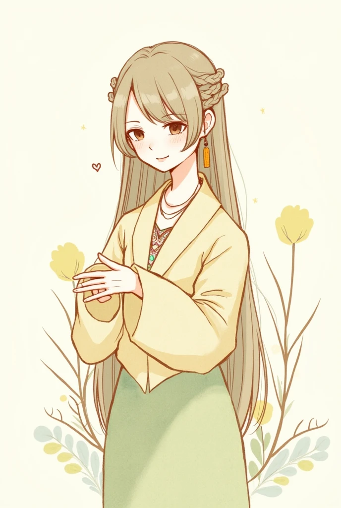 2D, Pastel colors, watercolor, Low color saturation,
Line Art, ((Inspired by Andreas Rocha)),
1 Girl, Solitary, Long hair, Hair accessories, Long sleeve, skirt, Keep, Brown eyes, Jewelry, Shut up, Upper Body, Weaving, earrings, Artist Name, Pattern, Wide sleeves, necklace, plant, yellow 花,