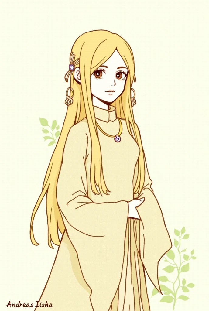 2D, Pastel colors, watercolor, Low color saturation,
Line Art, ((Inspired by Andreas Rocha)),
1 Girl, Solitary, Long hair, Hair accessories, Long sleeve, skirt, Keep, Brown eyes, Jewelry, Shut up, Upper Body, Weaving, earrings, Artist Name, Pattern, Wide sleeves, necklace, plant, yellow 花,
