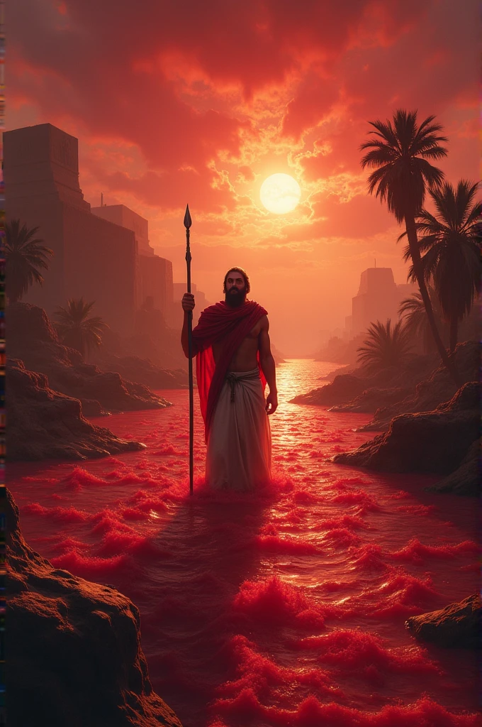 Create an image of the Nile River turning into blood by Moses' commands