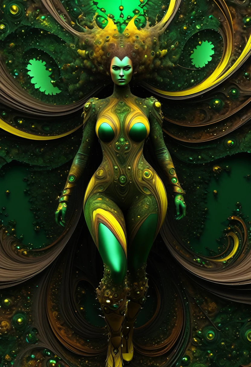 Nurgle as a woman,displaying her own power.((entropy, corruption, decay)),((dark green,rusted brown, yellow greenish)),(( Full figure wiew)). ((Three quarter wiew)).((fractal)),((deep wiew)),warp space scenario background,photographic,ultra high resolution,hyperdetailed, masterpiece, 3d modelling, digital art. 