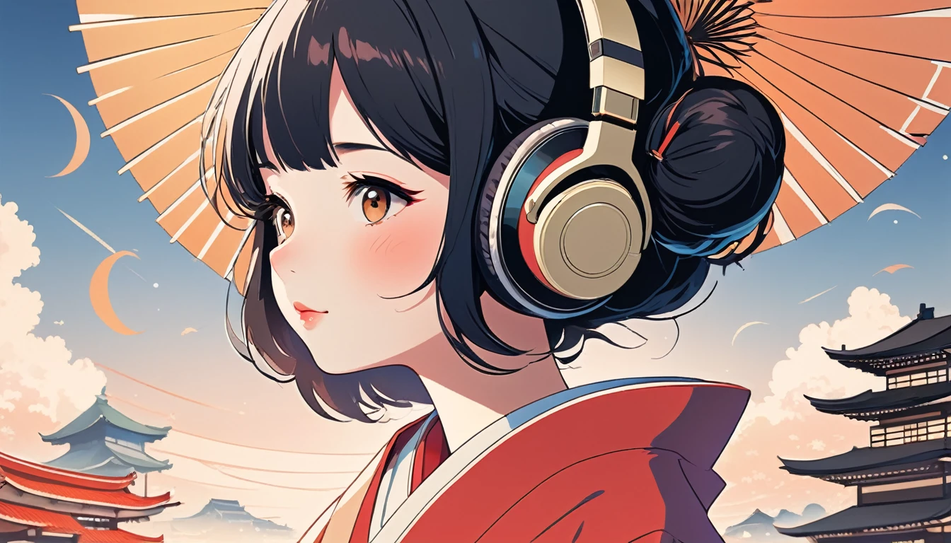 Maiko wearing Japanese style headphones、fan、Wide-angle lens, Lofi Anime, Lofi illustration, Aesthetic atmosphere, Lo-Fi Style, Vector art, Flat Design, Simple shape, Warm tones, Pleasant atmosphere, Chill, In anime style, Digital drawing, Vector art, Vector logo for t-shirt printing, (Adorable:1.5), (small:1.4), (Playful:1.2), (soft:1.3), (Whimsical:1.1), masterpiece, Highest quality, 8k, Intricate details, grow, Celestial, Mysterious, Picturesque, amazing, Majestic, Magic, Fantasy art, Cover art, dream-like