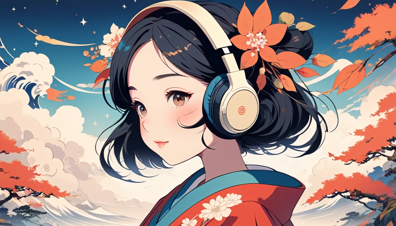 Maiko wearing Japanese style headphones、fan、Wide-angle lens, Lofi Anime, Lofi illustration, Aesthetic atmosphere, Lo-Fi Style, Vector art, Flat Design, Simple shape, Warm tones, Pleasant atmosphere, Chill, In anime style, Digital drawing, Vector art, Vector logo for t-shirt printing, (Adorable:1.5), (small:1.4), (Playful:1.2), (soft:1.3), (Whimsical:1.1), masterpiece, Highest quality, 8k, Intricate details, grow, Celestial, Mysterious, Picturesque, amazing, Majestic, Magic, Fantasy art, Cover art, dream-like
