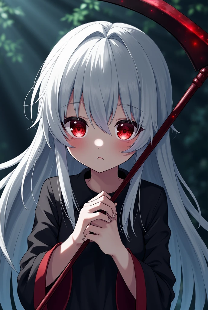 A red-eyed, white-haired girl holding a black reaper's scythe. Novel cover image.
