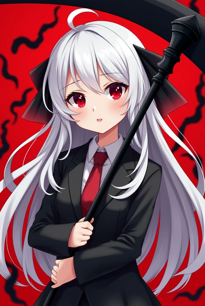 A red-eyed, white-haired girl holding a black reaper's scythe. Novel cover image.