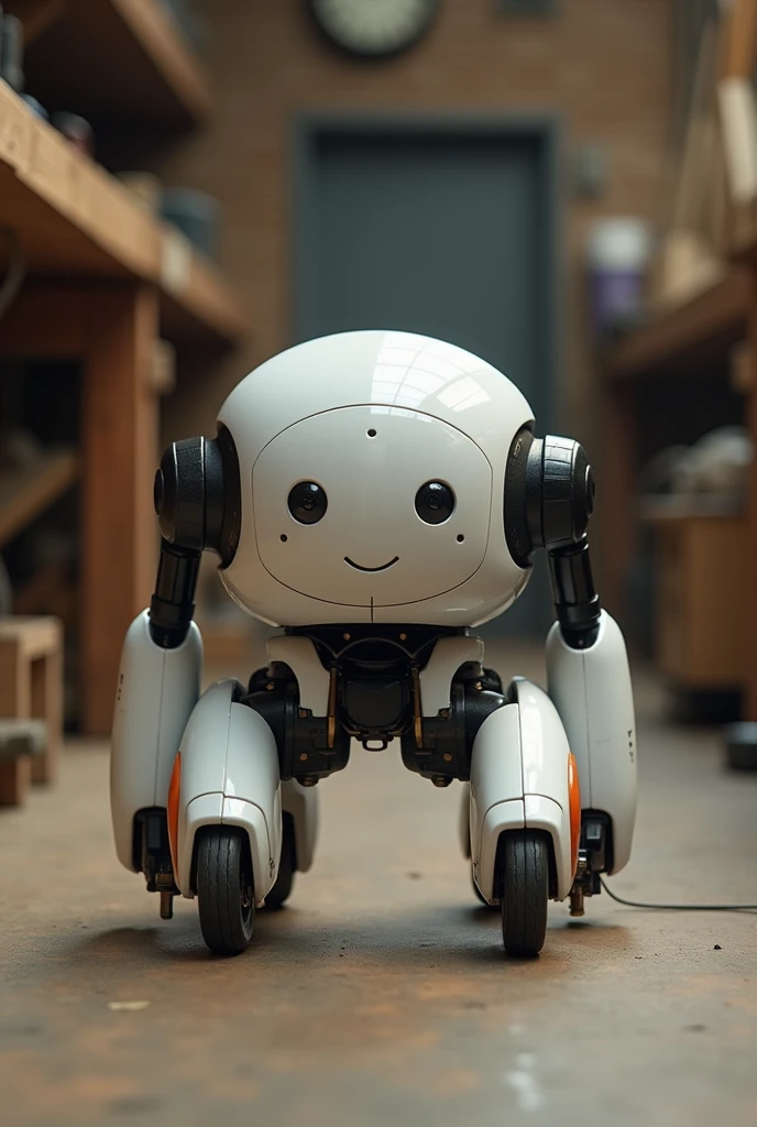 A quadruped robot made in a workshop.The legs are short.No face.simple.Legs growing out of the body.It looks like a Roomba with legs