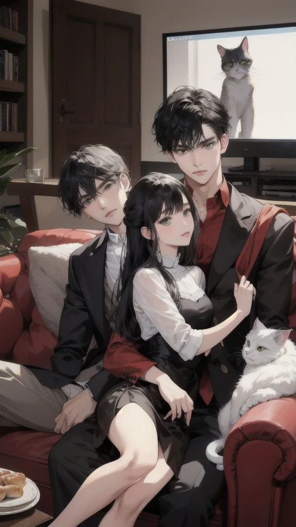Young caucasian guy and young caucasian girl sitting on a sofa in an apartment watching TV with several cats.,black hair, Black Cat,White cat รายละเอียดสูง, ถูกต้องตามกายวิภาคศาสตร์, รายละเอียดมาก, ความละเอียดสูงสุด, โมเดลความละเอียดสูง,