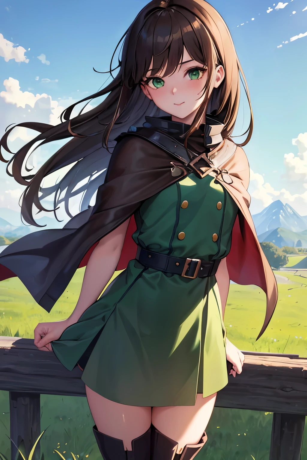 ((masterpiece, Highest quality, High resolution, 超High resolution, Pixel perfect, Written boundary depth, 4K, RTTX 10.0, High resolution))), 1 girl, single, alone, Beautiful Anime Girls, Beautiful art style, Anime characters, ((Shortcuts, bangs, Dark brown hair)), ((Green Eyes:1.4, Round eyes, Beautiful eyelashes, current eyes)), ((Smooth texture:0.75, Anime CG style)), ((Dynamic Angle, close)), Perfect body, (pretty girl), Normal chest, whole body, ((4K, 8k, Highest quality, Perfect Fingers: 1.3, Perfect Anatomy: 1.3, Background Blur)), whole bodyアングル, An adventurer girl standing in the middle of a vast green field, She wears a slightly worn leather outfit., Boots and a small cape fluttering in the wind, With a confident look, They have bright, curious eyes., Long hair tied back, A small backpack packed with adventure essentials, Mountains towering in the distance々Under the blue sky with a background of