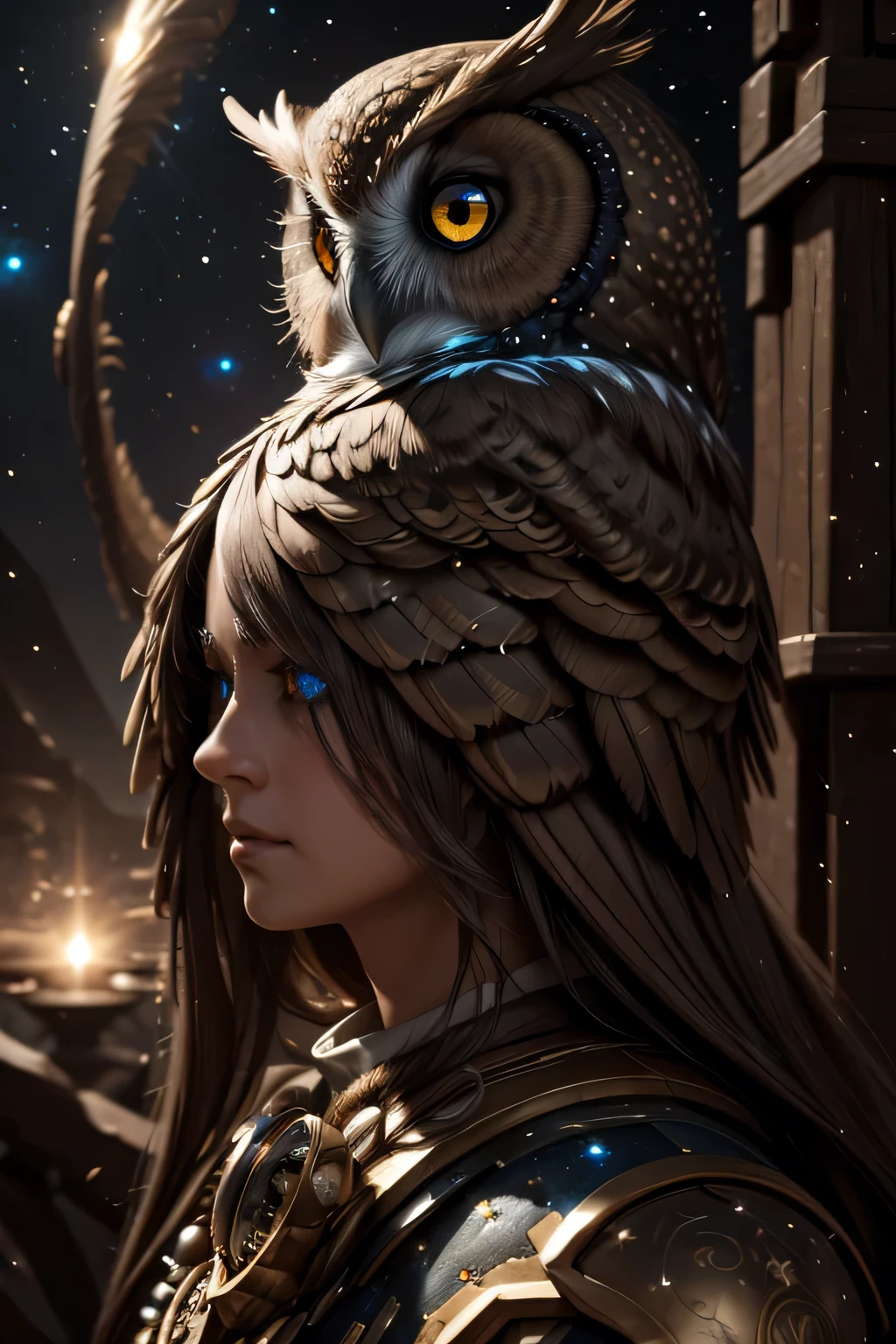 1 cosmic owl, detailed cosmic owl, detailed feathers, detailed eyes, detailed beak, planets, stars, celestial, cosmic, fantasy, digital art, highly detailed, 8k, photorealistic, volumetric lighting, cinematic lighting, dramatic lighting, epic scale, dramatic composition, hyperrealistic, hyper detailed, award winning, stunning, masterpiece