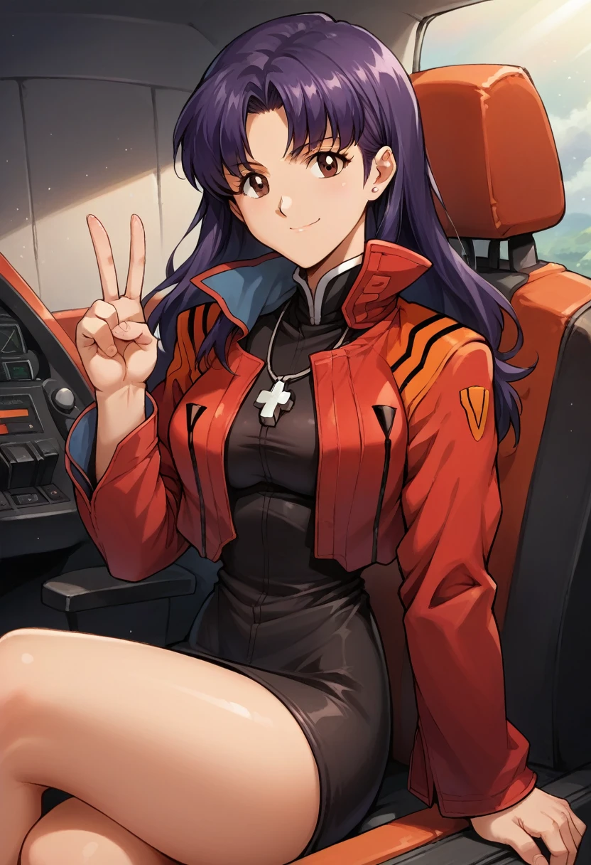 score_7, score_8_up, score_7_up, source_anime, 1girl, solo, looking at viewer, EPngeKatsuragiMisato, purple hair, brown eyes, long hair, smile, detailed background, cowboy shot, long sleeves, dress, jewelry, medium breasts, sitting, jacket, :d, thighs, open clothes, necklace, black dress, open jacket, v, short dress, cross, red jacket, cropped jacket, w, cross necklace, cockpit