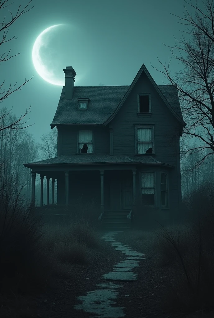 Horror broken house animated vfx little broken on roof in background moon