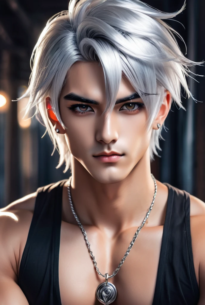 Handsome beautiful muscular boy with bright silver hairs, deep black eyes, ear piercing like anime style image
