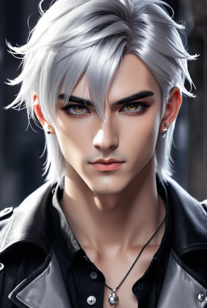 Handsome beautiful muscular boy with bright silver hairs, deep black eyes, ear piercing like anime style image