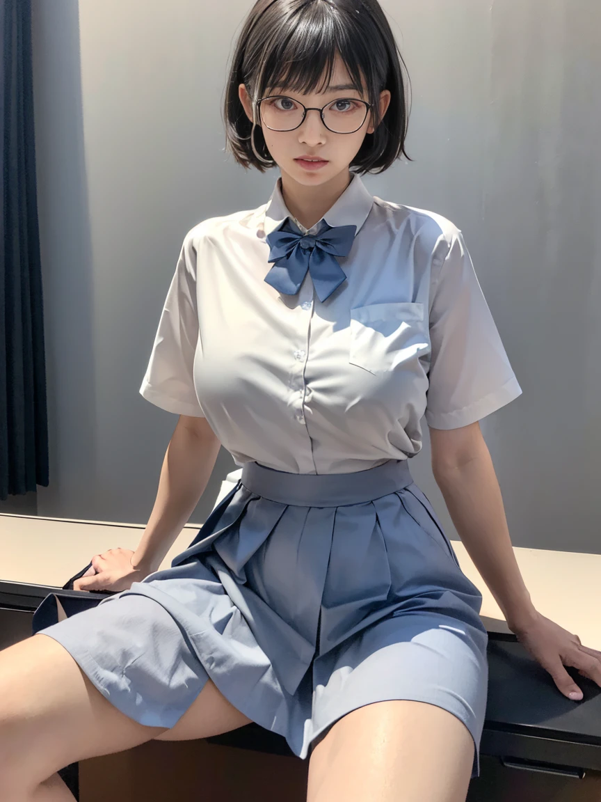 8k, RAW Photos, Highest quality, masterpiece, Realistic, Realistic, (1 Ultimate beauty), Mature Woman,(Strictly adhere to a composition where only one person appears in the photo)、(In the conference room)(Wear rimless glasses)((Wearing a light grey shirt))((Wear a brown flared mini skirt))((High School Girl Cosplay))(Married women) Highly detailed face, (Perfect Teeth), fine grain, double eyelid, eyelash, Lip details, (((Black short bob hair))), (((Very large breasts)))Big Breasts,((Increase nipple protrusion))(((Sitting at a desk、Her legs are spread apart to emphasize her crotch)))(((She holds her knees and spreads her legs wide)))(((Spread your legs in an M shape)))(((Emphasize the bite of the crotch)))Cowboy Shot,  Soft Light, ((Written boundary depth)) 
Proceed with caution，((30 years old, Japanese women)), (((moderately fleshy body, Tight waist))), (((Front view, Realistic buttocks,))Front view