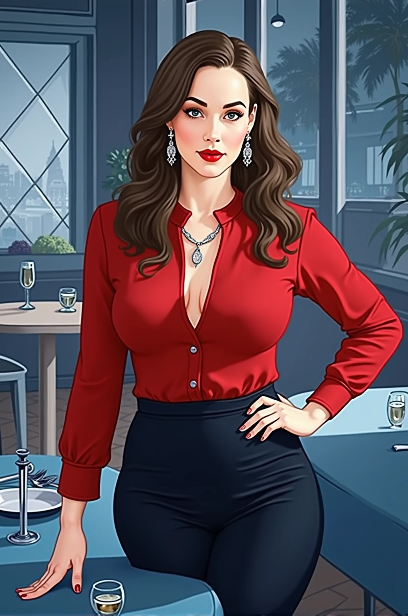 Best quality, realistic, photorealistic, Ultra detailed, Hayley Atwell, One, Flirty facial expression, I look at the viewer, strong look, sexy pose, thin lips, Red lipstick, long hair, close-up portrait, diamond necklace, stud earrings with diamonds, ((red sleeveless dress:1.2)), black thighs in stockings, in a restaurant, big breasts, hit, thin waist, wide hips, my breasts are about to pop out of my clothes