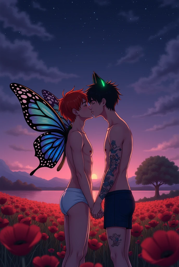 Two boys are kissing in a field of poppies at night and the sky is purple with lots of stars. The boy in front has butterfly wings, is red-haired and is only in his underwear and is kissing a boy with black hair and green cat ears and tattoos. He is also only in his underwear. There is also a lake of dark water and there are two other boys kissing. There is a huge cherry tree and their clothes are thrown near it.