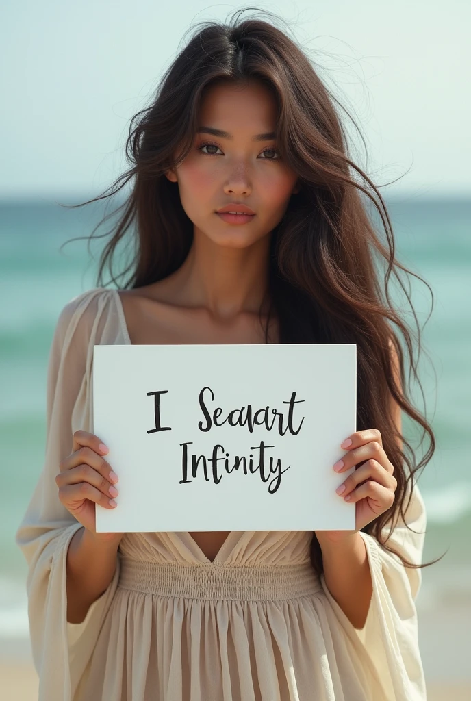 Beautiful girl with wavy long hair, bohemian dress, holding a white board with text "I Love Seaart Infinity" and showing it to the viewer,nude
