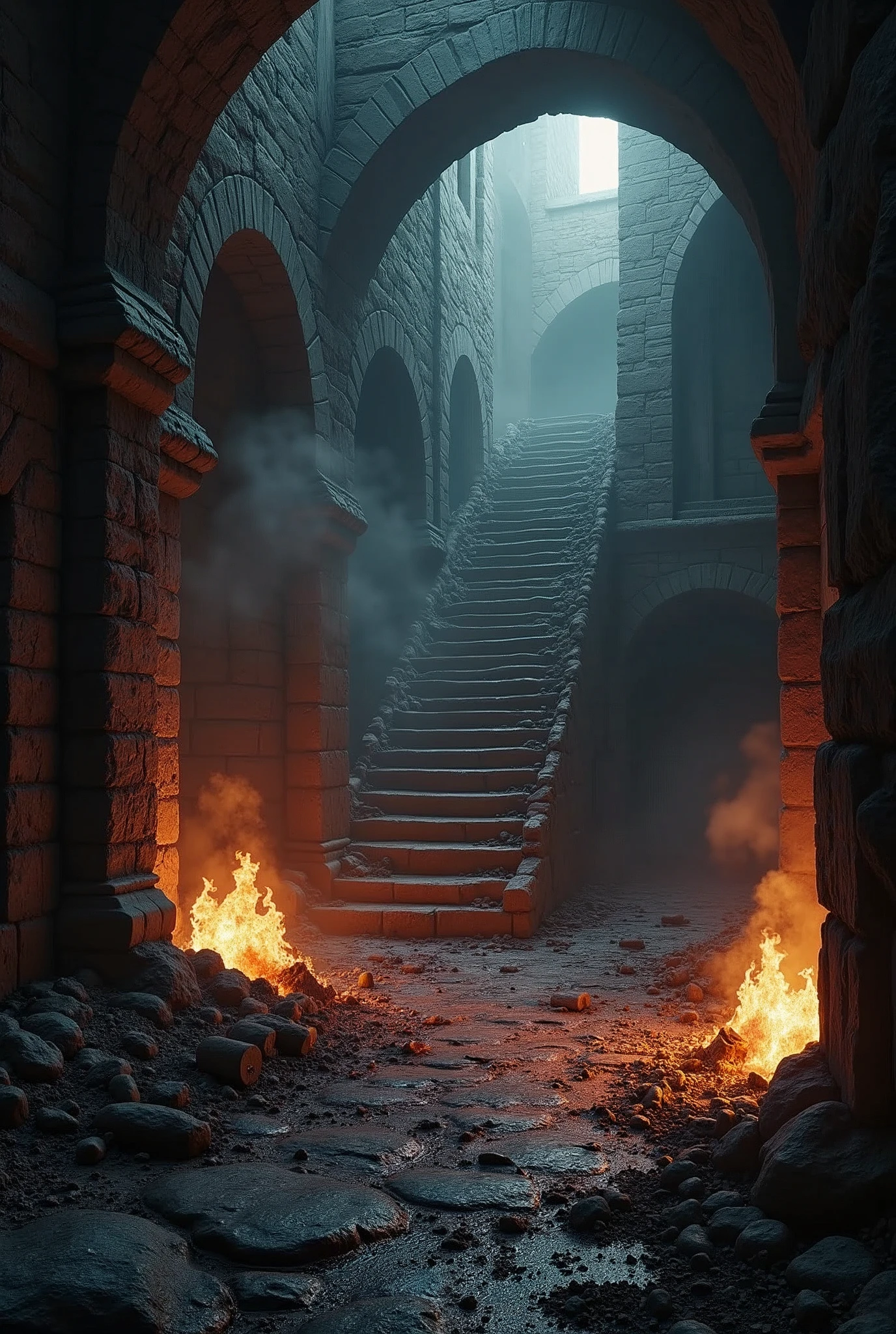 (masterpiece:1.2), (best quality:1.2), 8K, HDR, Extremely detailed, ((Reality)), Professional lighting, Movie Lighting, fashion photography, Ambient Lighting, background, dark的中世纪地牢, dark, epiC Photos, fire, stairs, ,Ground battle,City,Bullets rained down,fire光,Bullet marks,smoke,很有冲击感的background,No characters are added