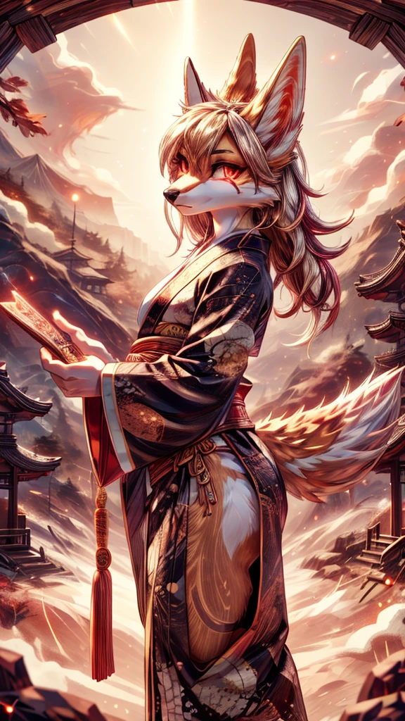 Masterpiece Best quality, the best definition to, two girl  add aesthetic and lighting details white girl jackal, egiptian clothes,  girl, ,white body, japanese shrine landscape, golden tattoo body, sensual eyes, red pupil, glowing eyes, traditional japasse kimono