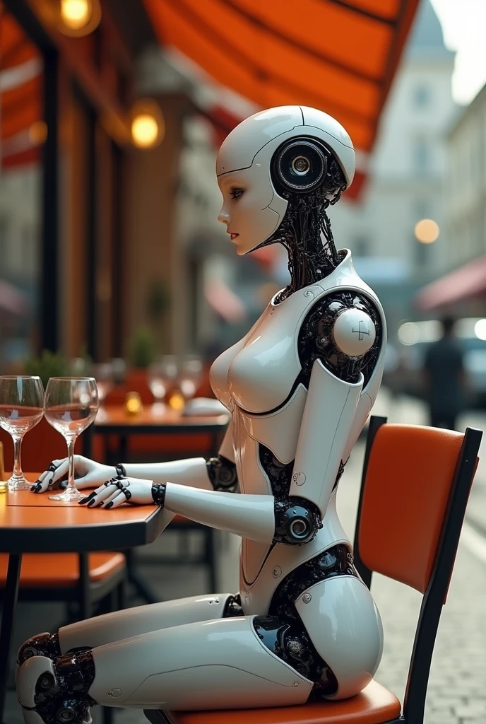 A female robot sits at a table in a street cafe, Best quality, high quality, absurdity, happiness, masterpiece, Beautiful, complex parts, 1/2 body trimmings, slender body, Beautiful figure, Magnificent Anatomy, (complex parts:1.12), HDR, (complex parts, hyperdetailing:1.15), (natural skin textures, hyperrealistic, soft light, spicy:1.2)