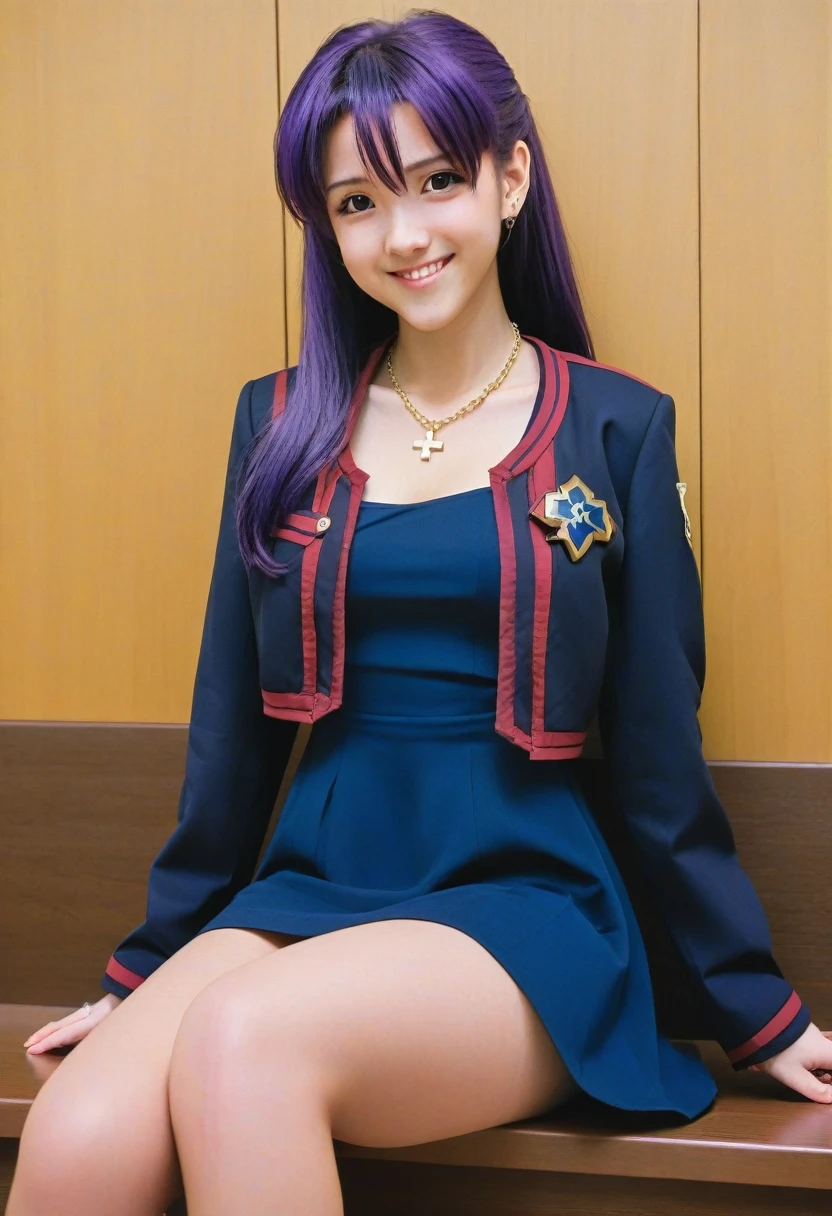 score_7, score_8_up, score_7_up, source_anime, 1girl, solo, looking at viewer, EPngeKatsuragiMisato, purple hair, brown eyes, long hair, smile, detailed background, cowboy shot, long sleeves, dress, jewelry, medium breasts, sitting, jacket, :d, thighs, open clothes, necklace, black dress, open jacket, v, short dress, cross, red jacket, cropped jacket, w, cross necklace, cockpit