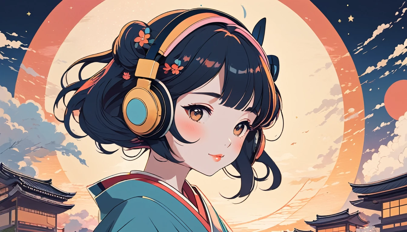 Maiko wearing Japanese style headphones、fan、Wide-angle lens, Lofi Anime, Lofi illustration, Aesthetic atmosphere, Lo-Fi Style, Vector art, Flat Design, Simple shape, Warm tones, Pleasant atmosphere, Chill, In anime style, Digital drawing, Vector art, Vector logo for t-shirt printing, (Adorable:1.5), (small:1.4), (Playful:1.2), (soft:1.3), (Whimsical:1.1), masterpiece, Highest quality, 8k, Intricate details, grow, Celestial, Mysterious, Picturesque, amazing, Majestic, Magic, Fantasy art, Cover art, dream-like