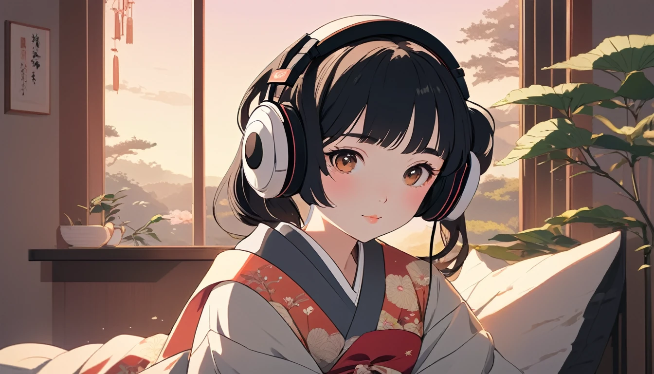 Maiko wearing Japanese style headphones、fan、Wide-angle lens, Lofi Anime, Lofi illustration, Aesthetic atmosphere, Lo-Fi Style, Vector art, Flat Design, Simple shape, Warm tones, Pleasant atmosphere, Chill, In anime style, Digital drawing, Vector art, Vector logo for t-shirt printing, (Adorable:1.5), (small:1.4), (Playful:1.2), (soft:1.3), (Whimsical:1.1), masterpiece, Highest quality, 8k, Intricate details, grow, Celestial, Mysterious, Picturesque, amazing, Majestic, Magic, Fantasy art, Cover art, dream-like