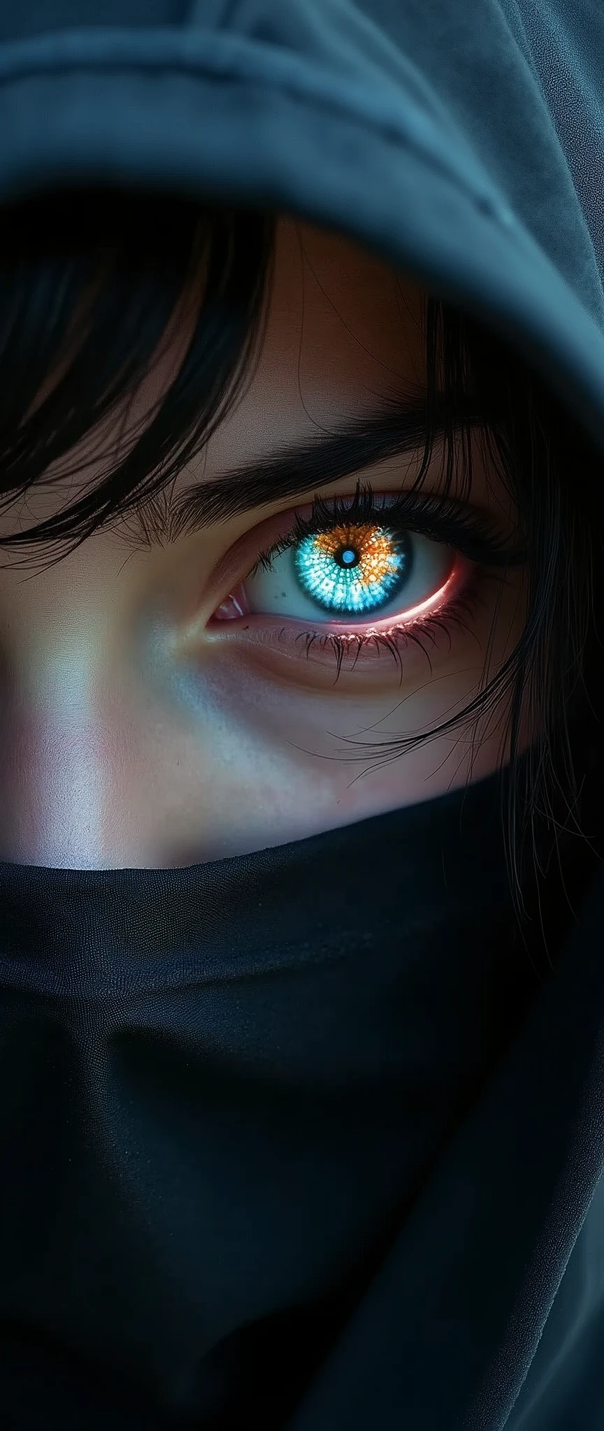 (masterpiece:1.2),(Highest quality),(Very detailed),(Ultra-high resolution),(Photorealistic),8k,wallpaper,(1 girl),(Face close-up:1.6),(front:1.6),(Beautiful Female Ninja),(look at me),(Beautiful Face,Beautiful Eyes,Perfect Eyes),(Mysterious glowing eye effect,The woman&#39;s eyes see beautiful geometric patterns like a kaleidoscope,Detailed drawing of the eyes),(Black Costume),(The female ninja uses genjutsu.),(dynamic)