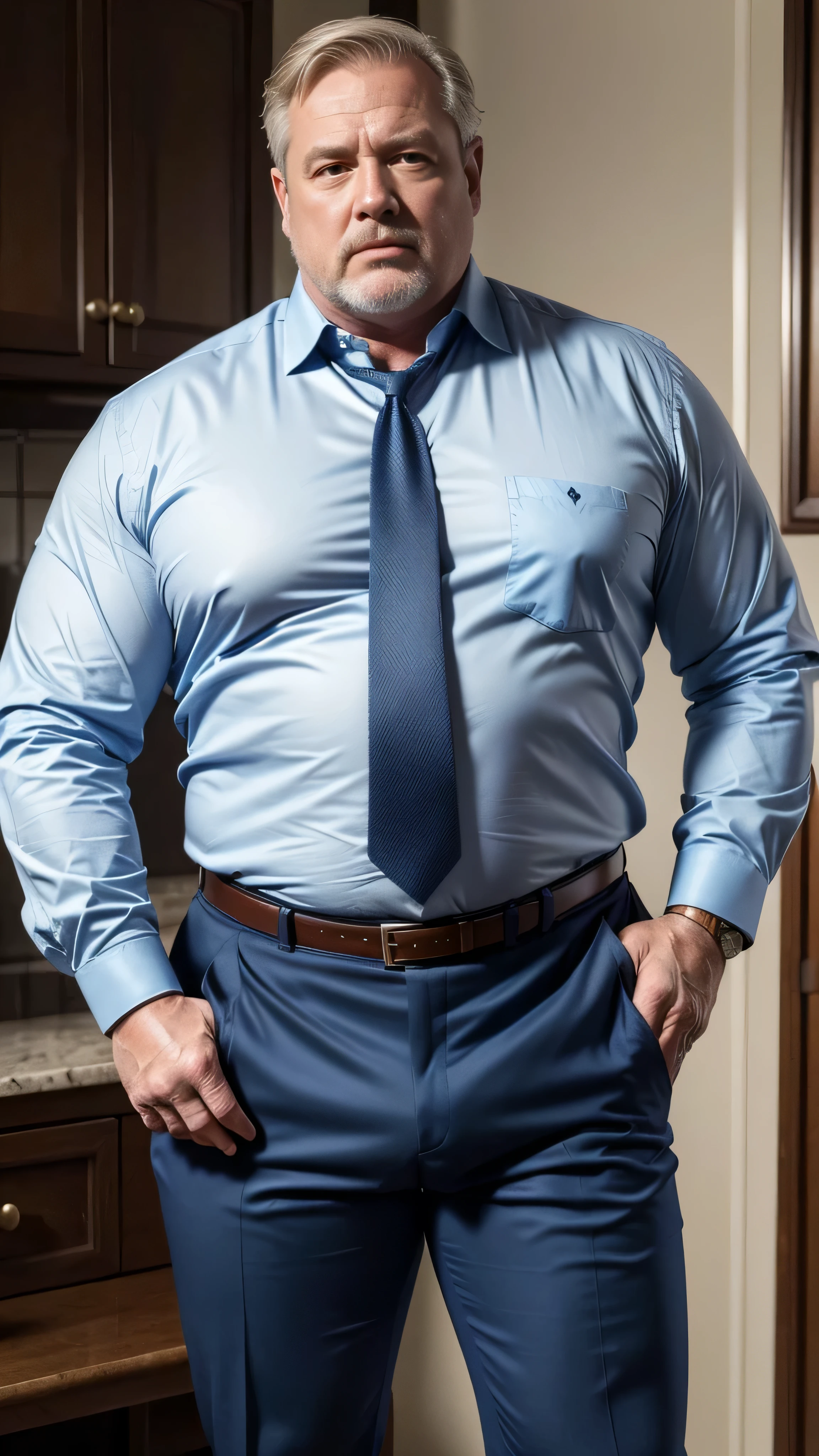 (best quality,4k,8k,highres,masterpiece:1.2), age 60, white man detective , horny disgusting, muscular chubby, kind, open blue shirt , mature daddy, Dress Pants with big hard bulge, hairy chest hard nipple, belt, loafer,