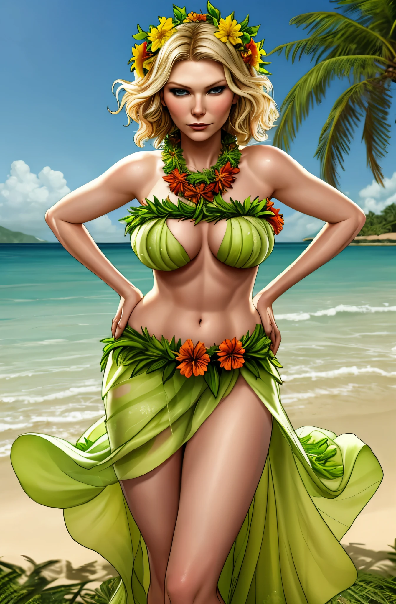 Kirsten Dunst wearing a garland of flowers, girl wearing a lei, grass skirt, slight smile, seductive, standing