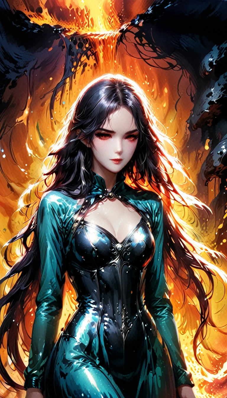 Impressionist cute comics, Laer Chrome , Woman standing in molten metal, Melt, Flowing long hair . Loose brushwork, Vivid colors, Light and shadow games, Capturing feeling rather than form